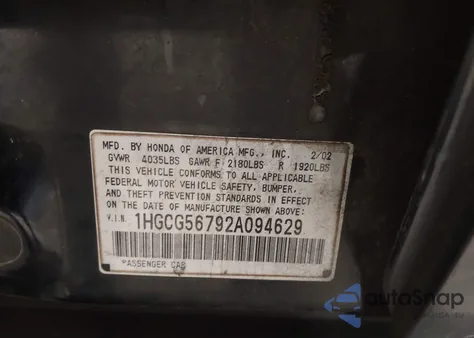 2002 Honda Accord 2.3 Se from USA, damaged, VIN 1HGCG56792A094629